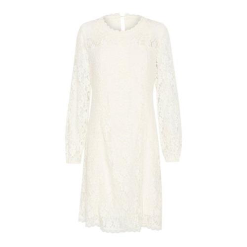 Kanten Jurk met Pofmouwen Cream , White , Dames