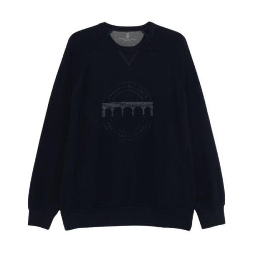 Navy Blue Sweater met Geborduurd Logo Brunello Cucinelli , Blue , Here...