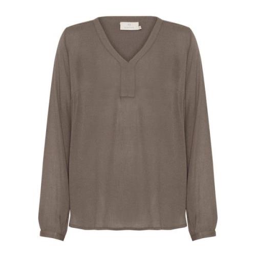 Bruine Blouse met Lange Mouwen en V-Hals Kaffe , Brown , Dames