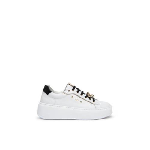 Witte Leren Juweel Sneakers Platform Nerogiardini , White , Dames