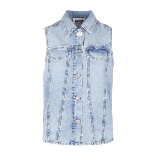 Denim Mouwloos Shirt met Unieke Knopen Moschino , Blue , Dames