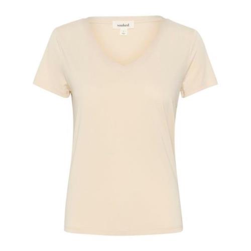 V-Hals Korte Mouw Top Havermeel Soaked in Luxury , Beige , Dames