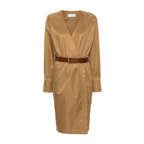 Kameel Katoenen Twill Midi Jurk Saint Laurent , Brown , Dames