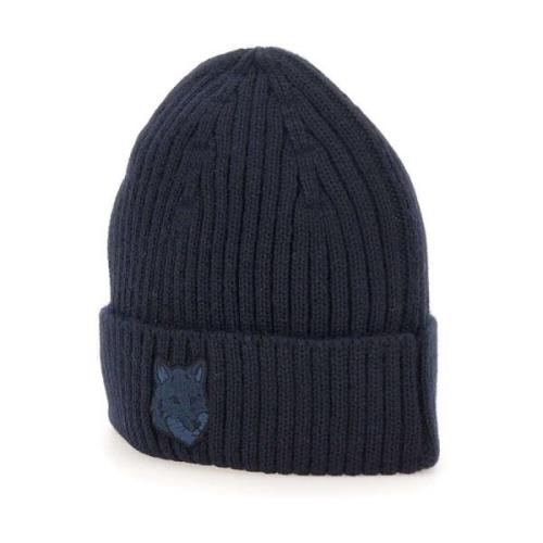 Midnight Blue Wool Cap with Fox Logo Maison Kitsuné , Blue , Heren