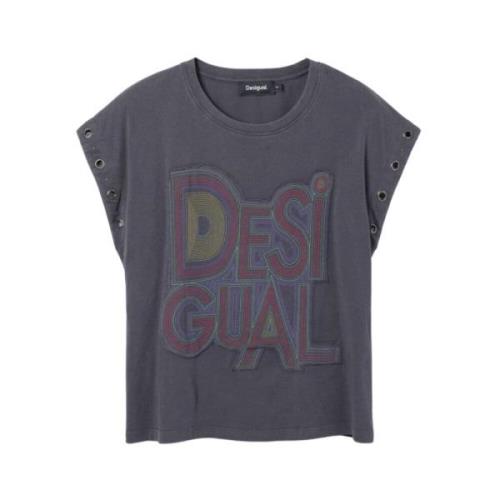 Zwart T-shirt met logopatch en oogdetail Desigual , Black , Dames