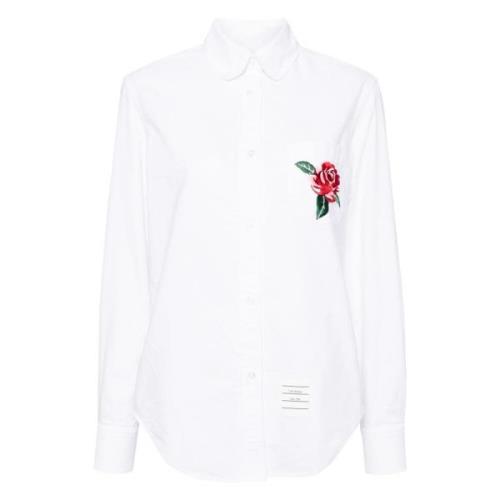 Geborduurde Bloem Ronde Kraag Shirt Thom Browne , White , Heren