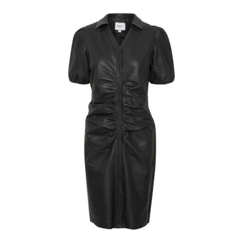 Zwarte leren jurk met gedrapeerde voorkant Saint Tropez , Black , Dame...