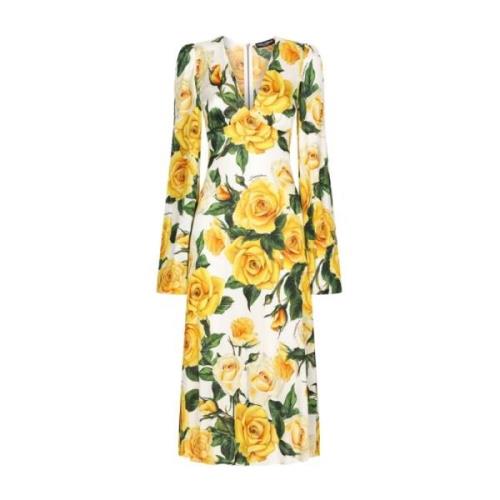 Rose Print V-Hals Jurk Geel Dolce & Gabbana , Yellow , Dames