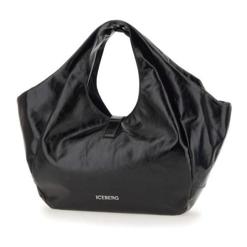 Zwarte Leren Schoudertas met Zilveren Logo Iceberg , Black , Dames