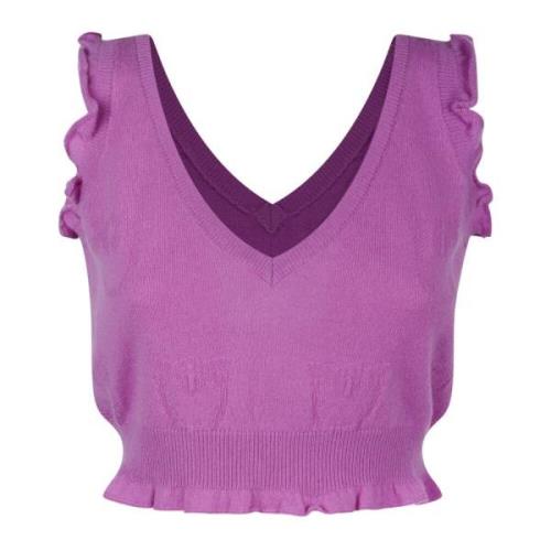 V-hals Cashmere Top met Geborduurd Logo Pinko , Purple , Dames