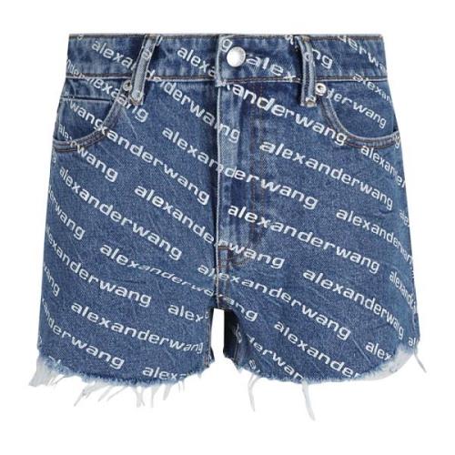 Diep Blauw/Wit Logo Print Hoge Taille Shorts Alexander Wang , Blue , D...