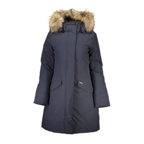 Blauwe Lange Jas met Capuchon en Afneembare Bont Woolrich , Blue , Dam...