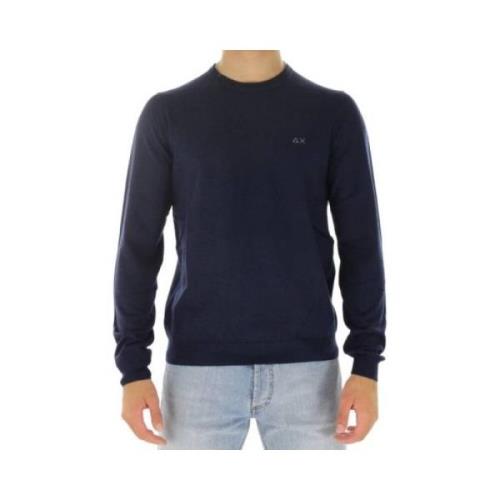 Crewneck Sweater Merino Cotton Logo Contrast Sun68 , Blue , Heren