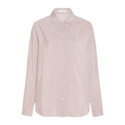 Gestreepte Zijden Bowlingkraag Shirt The Row , Beige , Dames