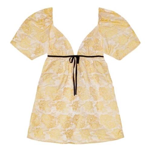 Gele Diepe Hals Pofmouw Jurk Ganni , Yellow , Dames