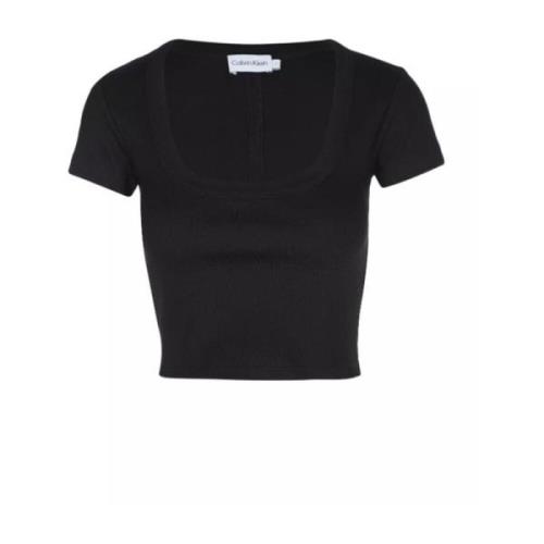 Katoenen Rib Top Korte Mouw Shirt Calvin Klein , Black , Dames