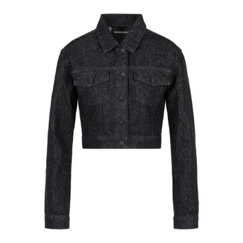 Denim Logo Strass Jas Klassieke Kraag Emporio Armani , Black , Dames