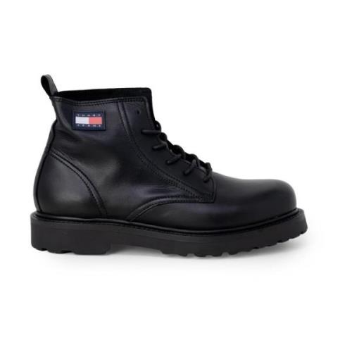 Zwarte Leren Enkellaarzen Tommy Hilfiger , Black , Heren