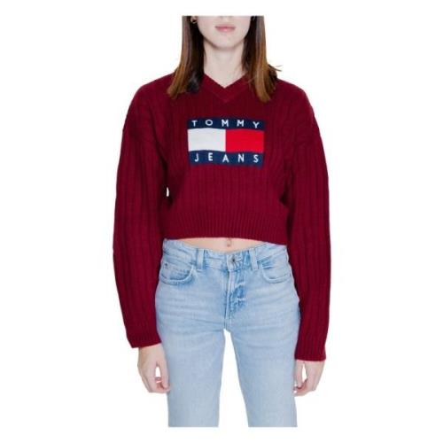 Bordeaux Gebreide V-Hals Trui Tommy Hilfiger , Red , Dames