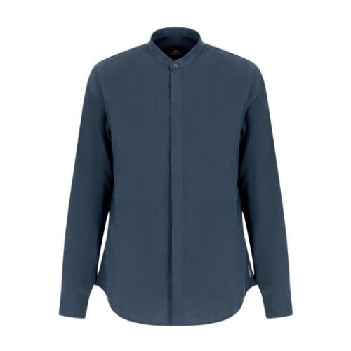 Mao Kraag Shirt - Blauw Effen Armani Exchange , Blue , Heren