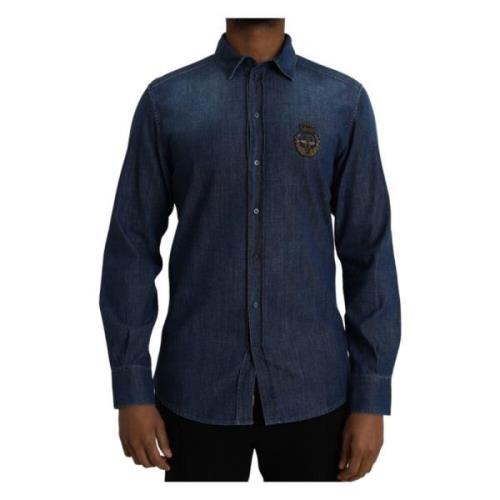 Blauw Kroon Bij Denim Overhemd Dolce & Gabbana , Blue , Heren