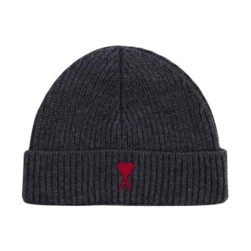 Rode Wol Beanie in Grijs Ami Paris , Gray , Unisex