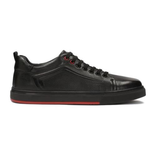 Zwarte leren sneakers met perforatie en rode inzet Kazar , Black , Her...