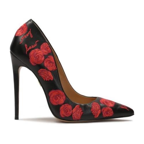 Elegante zwarte stiletto's met rode bloemen Kazar , Multicolor , Dames