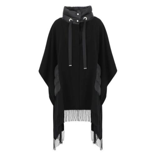 Zwarte Wollen Poncho met Franjes Herno , Black , Dames