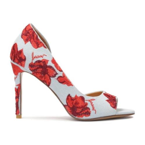 Denim stof peep toe pumps met geborduurde bloemen Kazar , Red , Dames