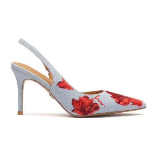 Blauwe bloemenstof slingback pumps Kazar , Blue , Dames