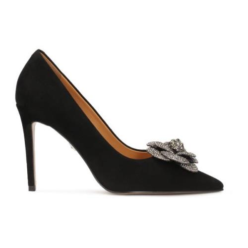 Zwarte suède pumps met glanzende bloem Kazar , Black , Dames