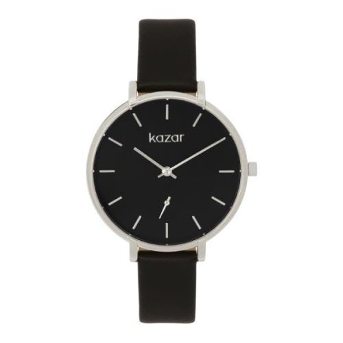 Zwart en zilveren horloge met lederen band Kazar , Black , Dames