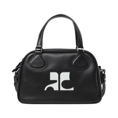 Zwarte Leren Cameratas met Wit Logo Courrèges , Black , Dames