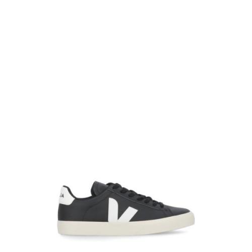 Zwarte Leren Sneakers Ronde Neus Logo Veja , Black , Dames