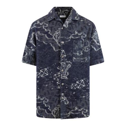 Camo Jacquard Bowling Shirt Off White , Blue , Heren