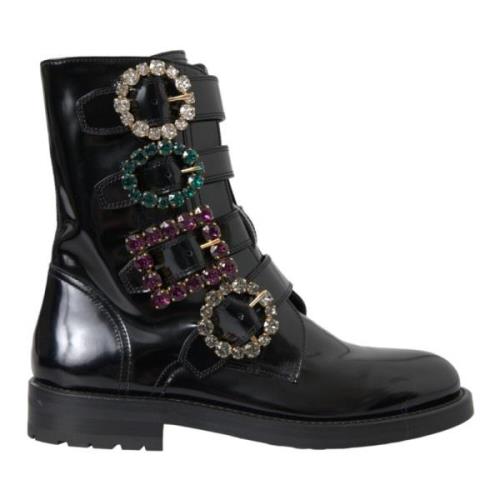 Kristallen Gesp Leren Laarzen Dolce & Gabbana , Black , Dames