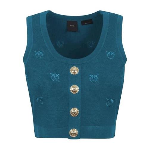 Blauwe Mouwloze Top met Gouden Knopen Pinko , Blue , Dames