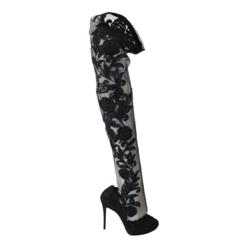 Bloemen Geborduurde Over-Knee Laarzen Dolce & Gabbana , Black , Dames