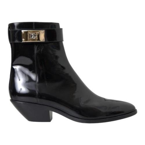 Zwarte Leren Laarzen met Logo Applicatie Schoenen Dolce & Gabbana , Bl...