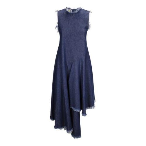 Denim Mouwloze Midi Jurk met Ruwe Zoom Marques' Almeida , Blue , Dames