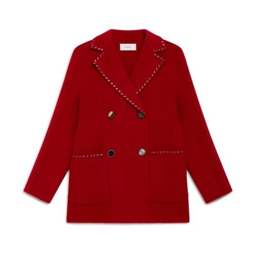 Handgestikte Wol Pea Coat Maliparmi , Red , Dames