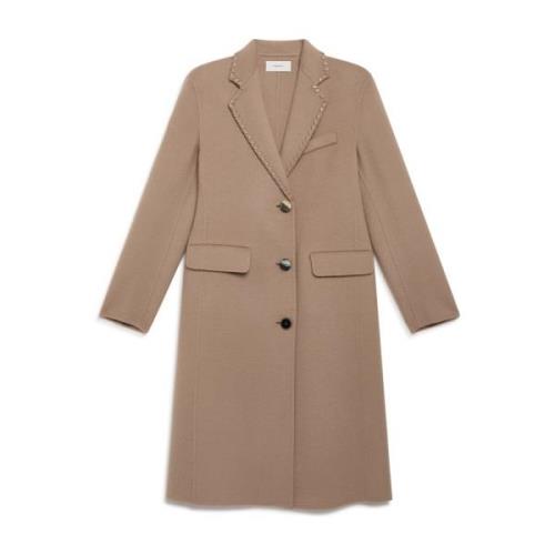 Handgemaakte Wollen Jas met Leren Details Maliparmi , Beige , Dames