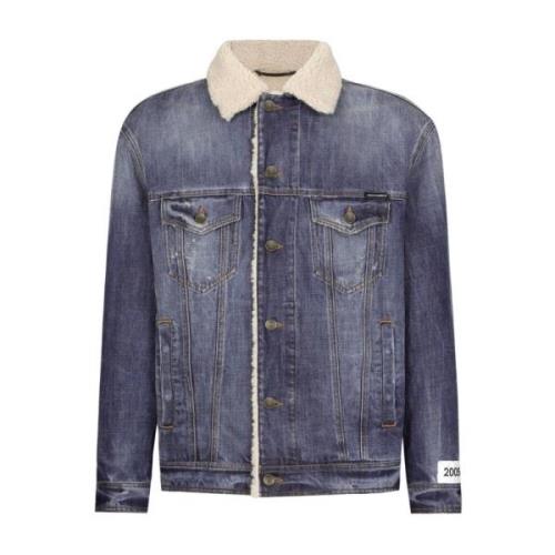 Blauwe Denim Shearling Trim Jas Dolce & Gabbana , Blue , Heren