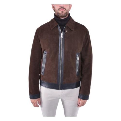 Leren Bikerjack met Overhemdkraag Dondup , Brown , Heren