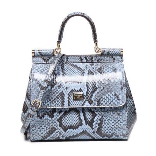 Slangenprint Leren Handtas met Spiegel Dolce & Gabbana , Blue , Dames