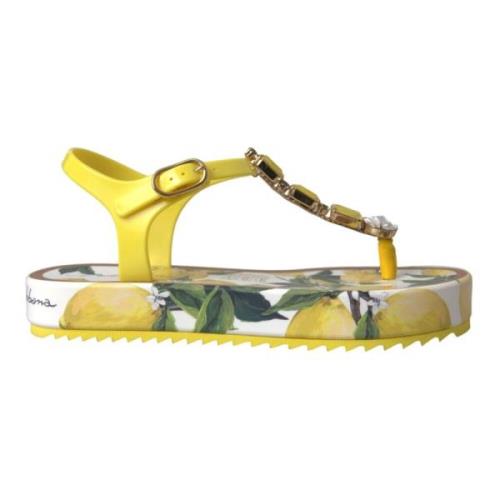 Gele Citroen Beachwear Flats Sandalen Dolce & Gabbana , Yellow , Dames