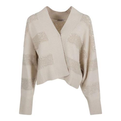 Luxe Wool Cash Silk Rugby Stripe LS Cardigan Brunello Cucinelli , Beig...