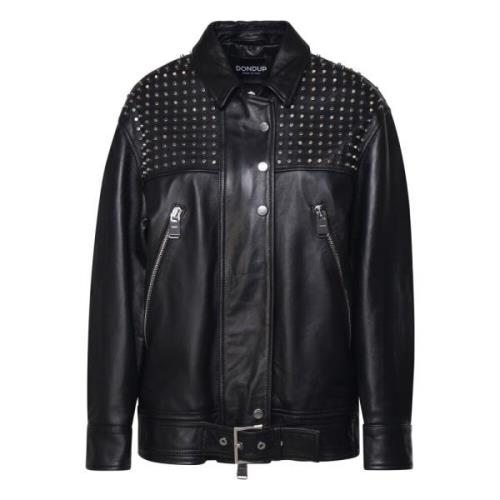 Zwarte Leren Biker Jas Rits Sluiting Dondup , Black , Dames