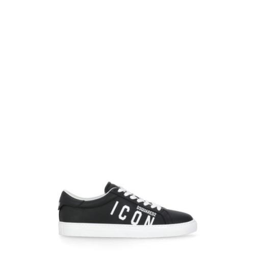 Zwarte Leren Sneakers Ronde Neus Logo Dsquared2 , Black , Heren